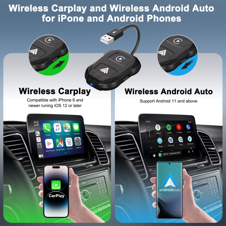 THT-020-9 USB + USB-C Wired to Wireless Carplay / Android device, compact and sleek design for seamless connectivity.